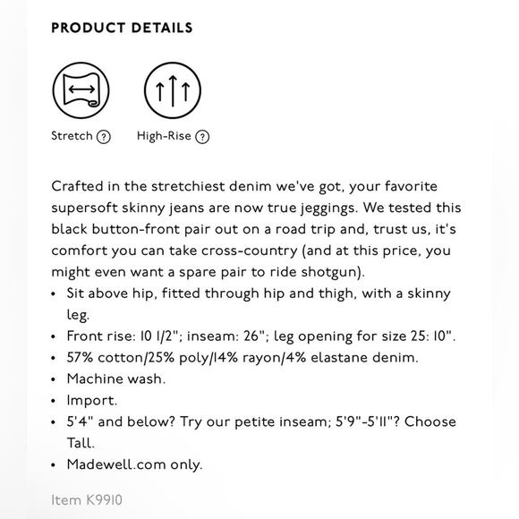 Madewell 10” High-Rise Roadtripper Jeggings: Button-Front Edition Black Size 28 - Picture 6 of 12